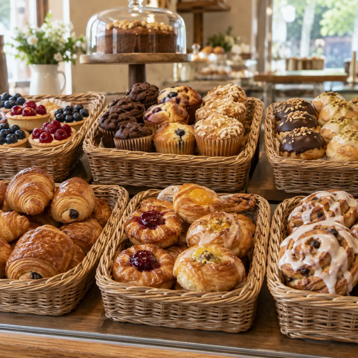 Koreihin aseteltuja croissanteja ja leivonnaisia