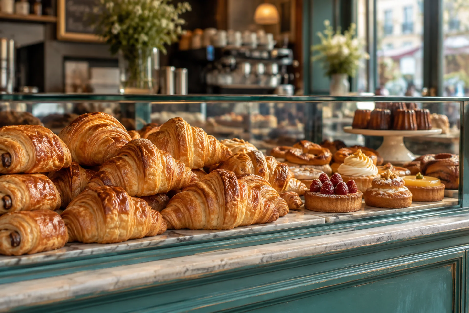 Tuoreita croissanteja kahvilan vitriinissä